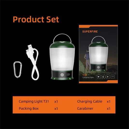 SUPER FIRE T31 18650 USB LED Camping Licht