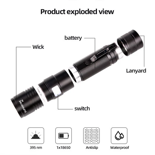 SUPER FIRE A5 395nm wasserdichtes kleines schwarzes Hand-UV-Taschenlampe licht